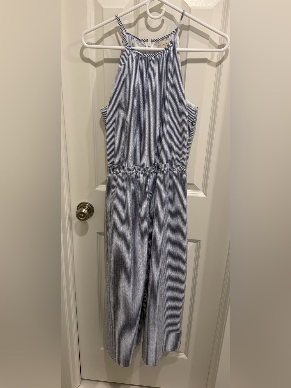 Maison Jules Blue & White Stripe Seersucker Jumpsuit